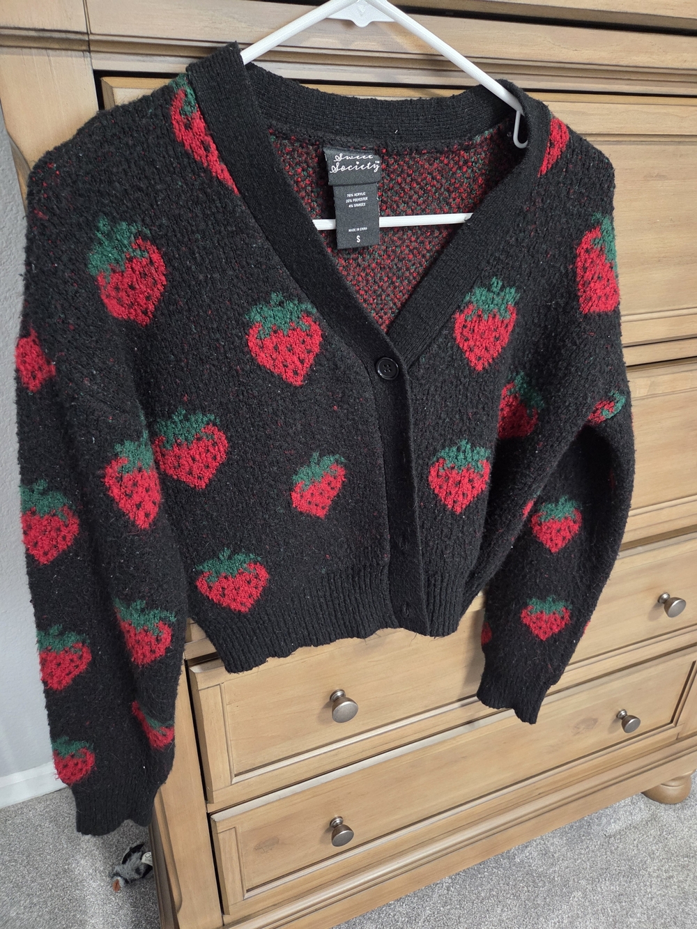 Black Strawberry-Print Knit Cardigan - Small